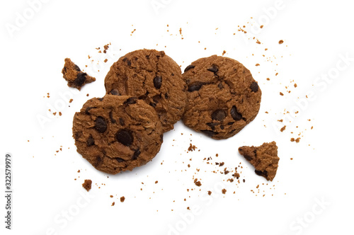 Chocolate chip cookies and crumbs on white background and Top view.