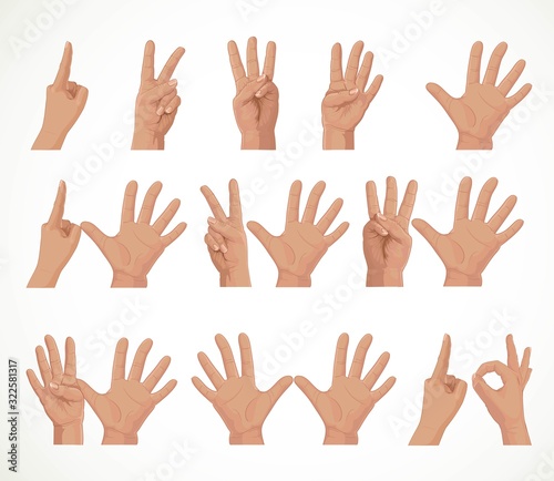 Figures from fingers numbers from one to ten isolated on white background