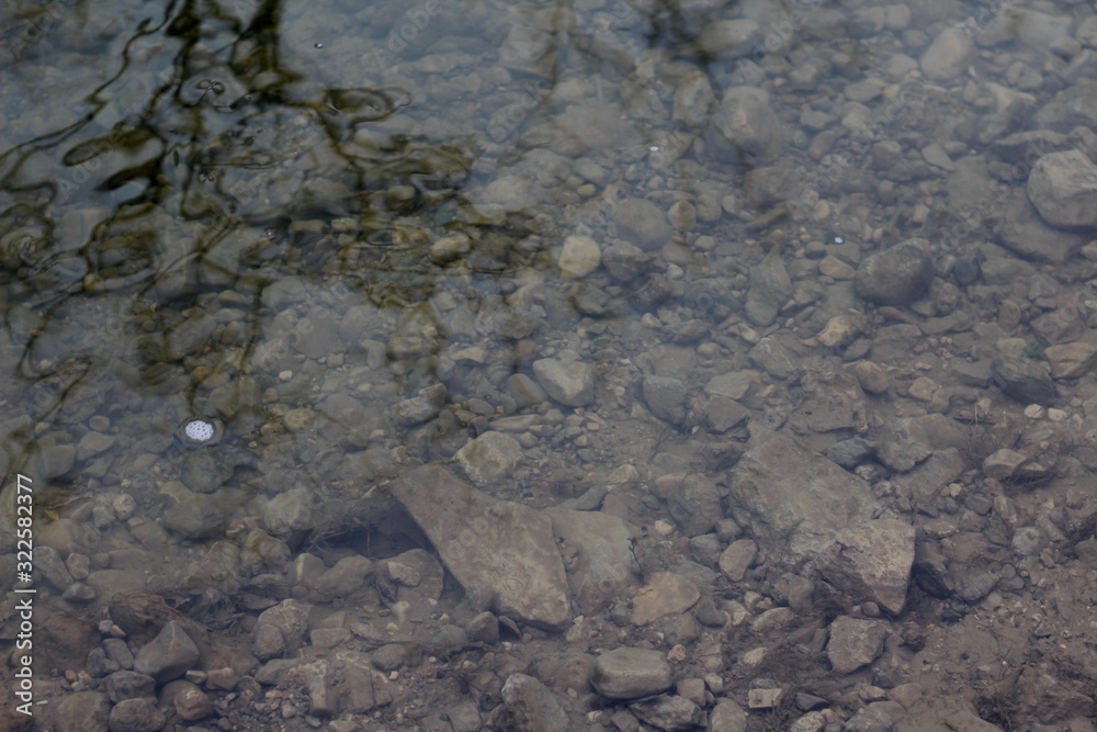 A close view of the rocks in the clear creek water.
