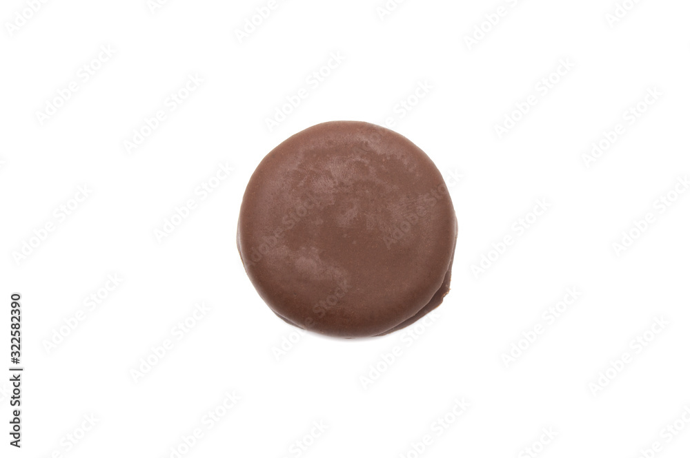 Chocolate sandwich cookies filled and coated with chocolate cream isolated on white background. Chocolate sandwich cookies filled and coated with chocolate cream isolated on white background.