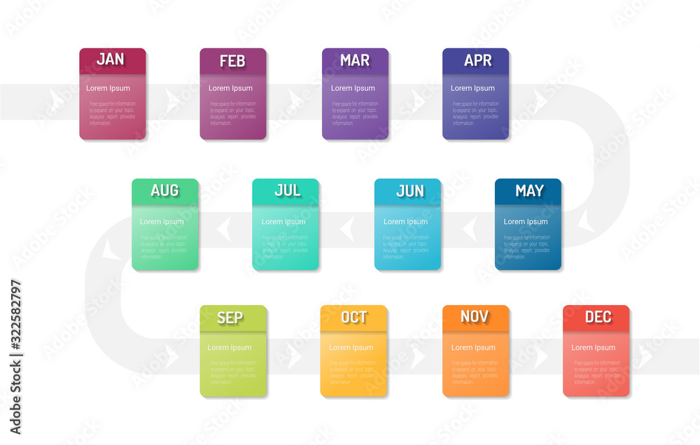 Timeline for 1 year, 12 months, infographics month planner design vector 12 steps and Presentation business can be used for Business concept with 12 options, steps or processes. Timeline for 1 year, 12 months, infographics month planner design vector 12 steps and Presentation business can be used for Business concept with 12 options, steps or processes.