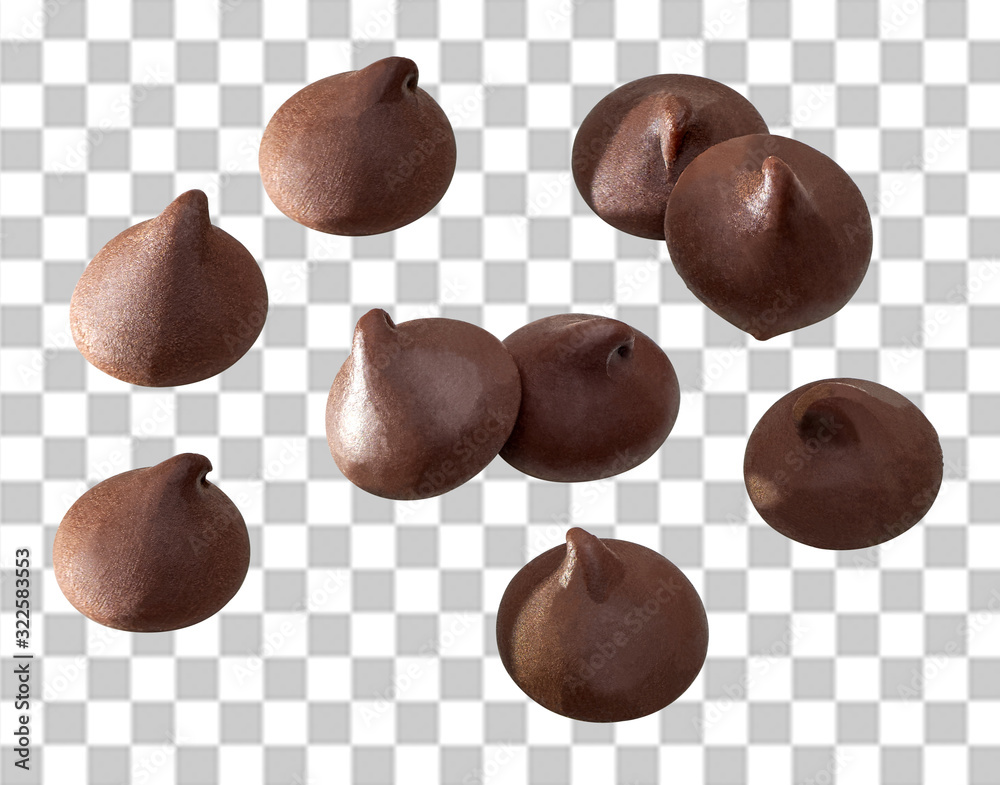 Chocolate chips morsels close up on isolated background. Including