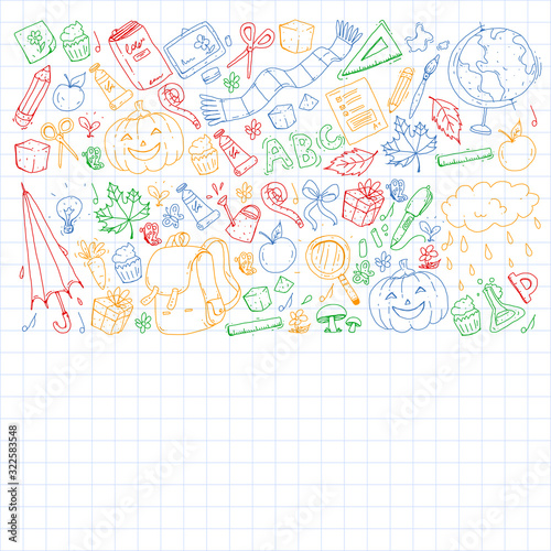 Back to school vector pattern. Education icons for children.