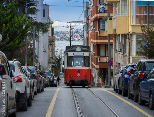Nostalgic tram in the Kadikoy district. Kadıköy is a historical district in Istanbul. Historical streets and houses are famous. It is one of the most beautiful districts of the Bosphorus.