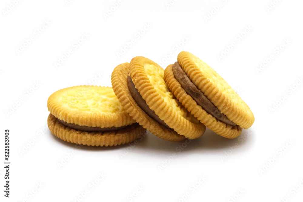Sandwich cookies filled with coffee cream flavored.  Stack of crunchy biscuits delicious sweet meal and useful cookie isolated on white background.