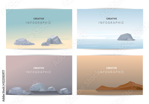 Landscapes vector set, flat style. Natural wallpapers are a minimalist, polygonal concept.