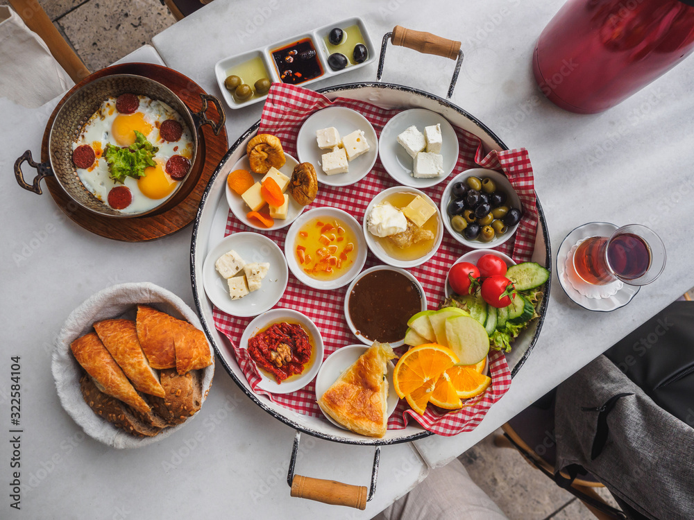 Delicious traditional turkish breakfast on the white table - obrazy, fototapety, plakaty 