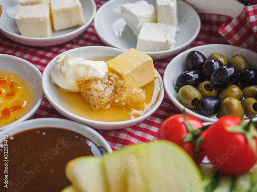 Classic turkish breakfast with different types of cheese