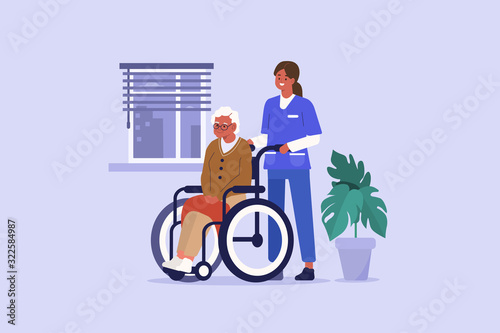 Medical Nurse in Nursing Home Helping Elderly Patient. Caregiver carry Wheelchair with Disabled Senior. Elderly Long Term Care Concept. Flat Cartoon Vector Illustration.