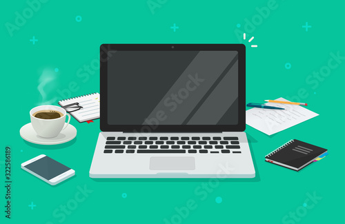 Computer laptop with blank empty screen for copy space text on workin desk table or workplace vector illustration flat cartoon, pc with empty display work place office modern design image photo