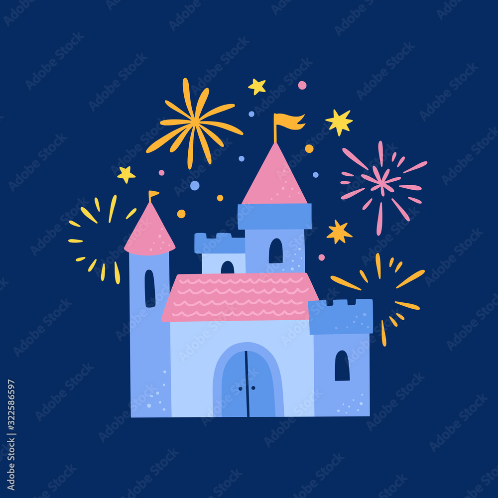 Magic castle vector illustration. Cute blue palace with fireworks on dark background