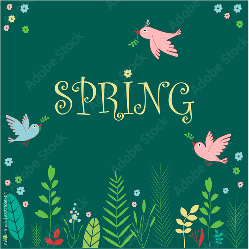  Vector flat illustration - Spring. Plants  birds  flowers are a symbol of the beginning  the flowering of spring.