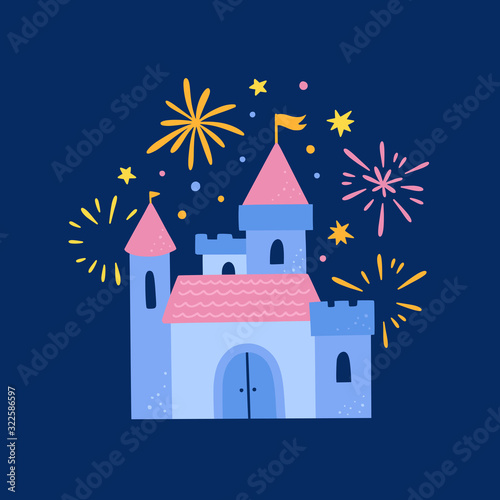 Magic castle vector illustration. Cute blue palace with fireworks on dark background © redchocolatte