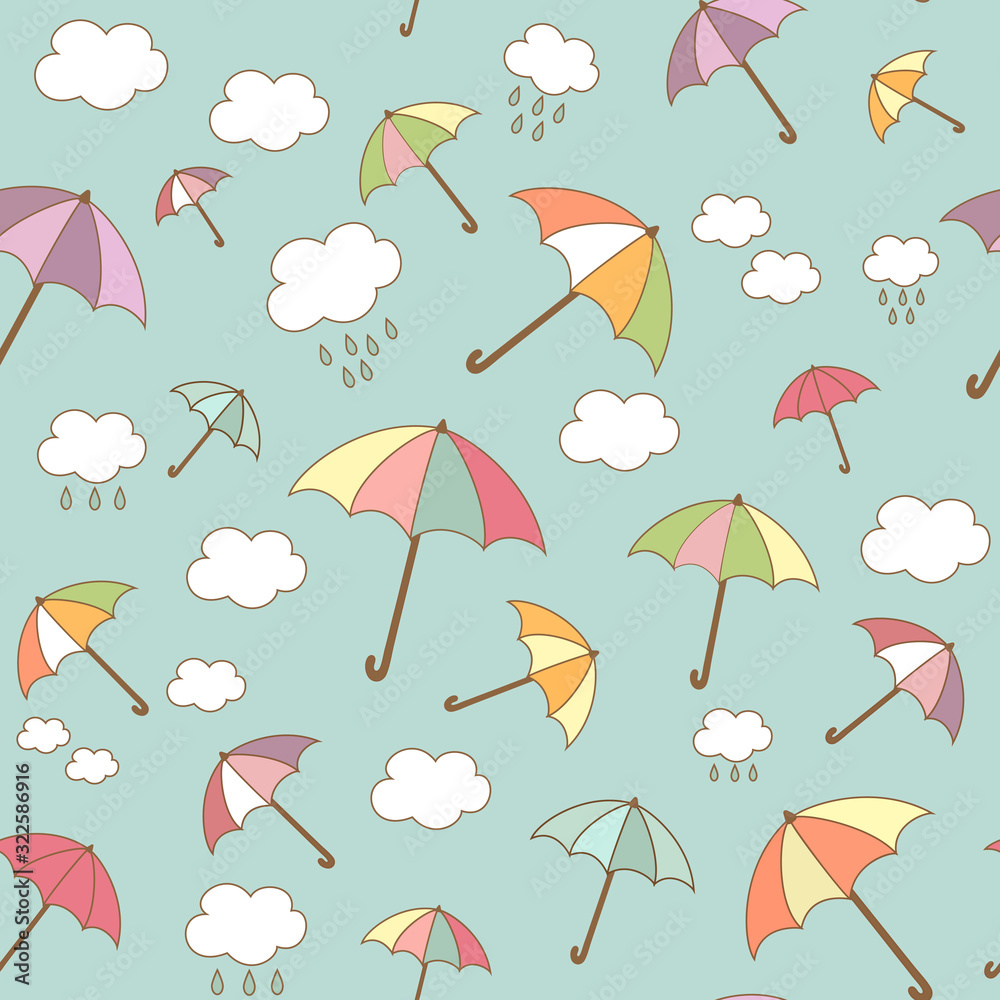 Obraz premium Multicolored umbrellas seamless pattern with clouds in the sky. Cute wallpaper, kids background. Vector illustration in cartoon style