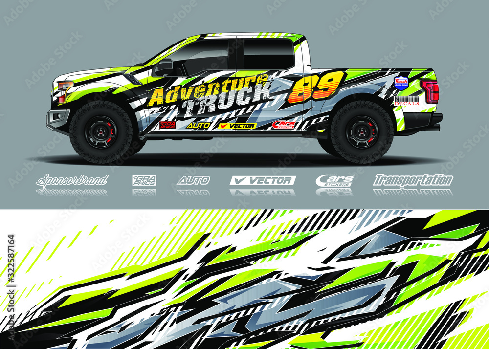 Truck wrap design vector illustration. Modern sport graphics. Abstract stripe racing and grunge background for wrap all vehicle, race car, rally, adventure vehicle and car livery. Truck wrap design vector illustration. Modern sport graphics. Abstract stripe racing and grunge background for wrap all vehicle, race car, rally, adventure vehicle and car livery.