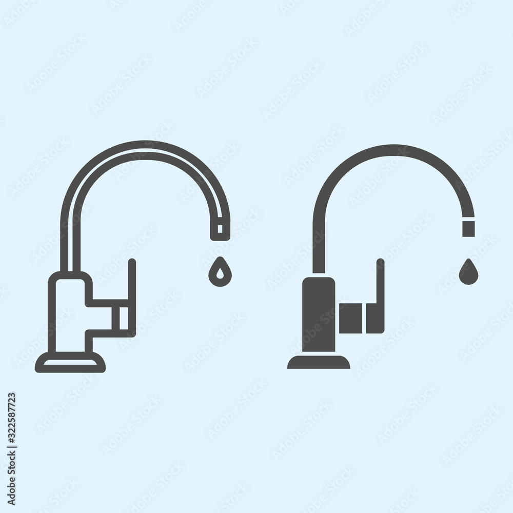 Faucet line and solid icon. Sink, curved pipe tap with water drop. Home ...