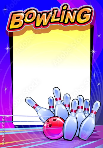 Vector bowling tournament poster template. Modern flyer layout with bowling ball, pins