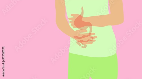 The woman feels pain in her stomach. Abdominal disease and diseases. digestive system