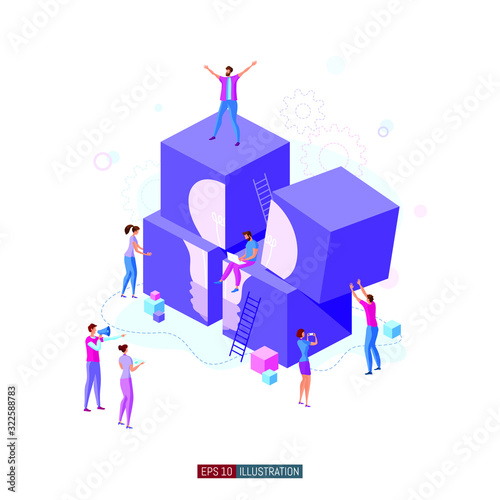 Trendy flat illustration. Cooperation of people who implement the joint idea. Illustration of the idea birth process. Template for your design works. Vector graphics.