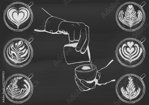 Barista hold cup and making latte or cappuccino art coffee with milk. Vector illustration