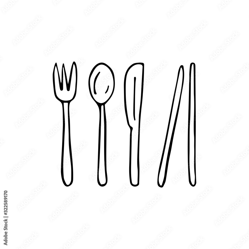 A set of cutlery made of bamboo. Eco-friendly European and Asian cutlery. Fork, spoon, knife, bamboo sticks. Black and white illustration on a white background in doodle style A set of cutlery made of bamboo. Eco-friendly European and Asian cutlery. Fork, spoon, knife, bamboo sticks. Black and white illustration on a white background in doodle style
