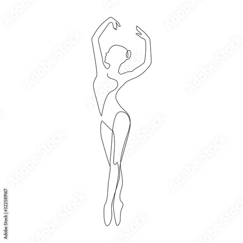 Ballerina one line drawing on white isolated background. A young woman is dancing. Vector illustration