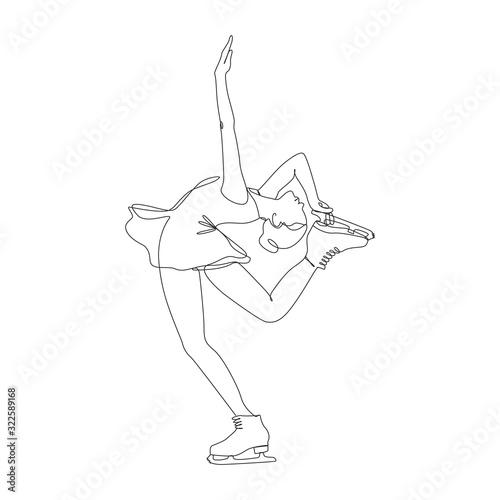 Figure skater one line drawing on white isolated background. A young woman is dancing. Vector illustration