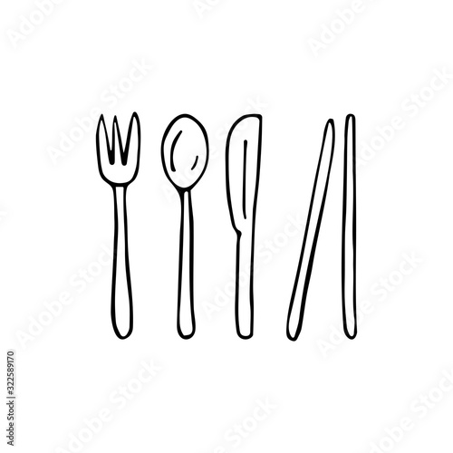 A set of cutlery made of bamboo. Eco-friendly European and Asian cutlery. Fork, spoon, knife, bamboo sticks. Black and white illustration on a white background in doodle style