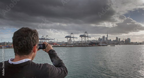 Auckland New Zealand. Skyline. Photographing Boats and cranes