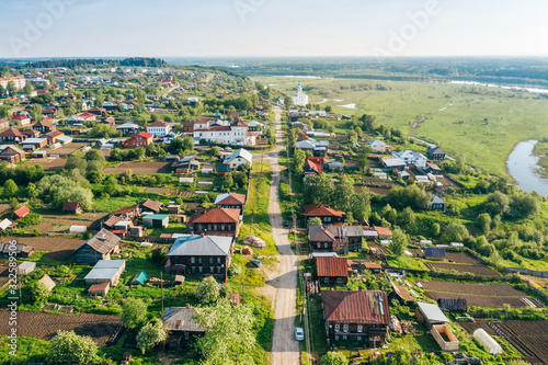 Street of old russian village Cherdyn in Perm Krai at summertime, panoramic aerial view. Rural landscape in Ural, Russia