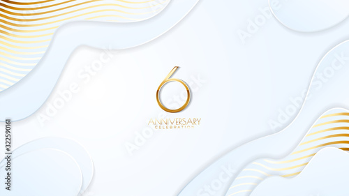 6th anniversary celebration. Golden number with realistic fluid white background. Realistic 3D sign modern elegant can be used for a company or wedding. editable design vector EPS 10.