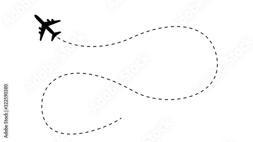 Plane, airplane dash line path vector icon isolated on white background. Logo airplane tourism, travel or shipping concept.