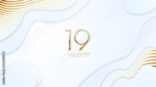19th anniversary celebration. Golden number with realistic fluid white background. Realistic 3D sign modern elegant can be used for a company or wedding. editable design vector EPS 10.