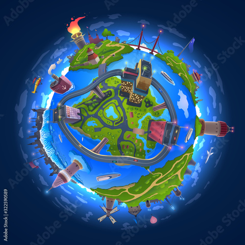 Cartoon Earth model drawing, 3d globe vector illustration in space with clouds, continents, oceans, cities, countries. Decorative green Earth with nature icon isolated as travel symbol.