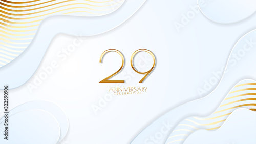 29th anniversary celebration. Golden number with realistic fluid white background. Realistic 3D sign modern elegant can be used for a company or wedding. editable design vector EPS 10.