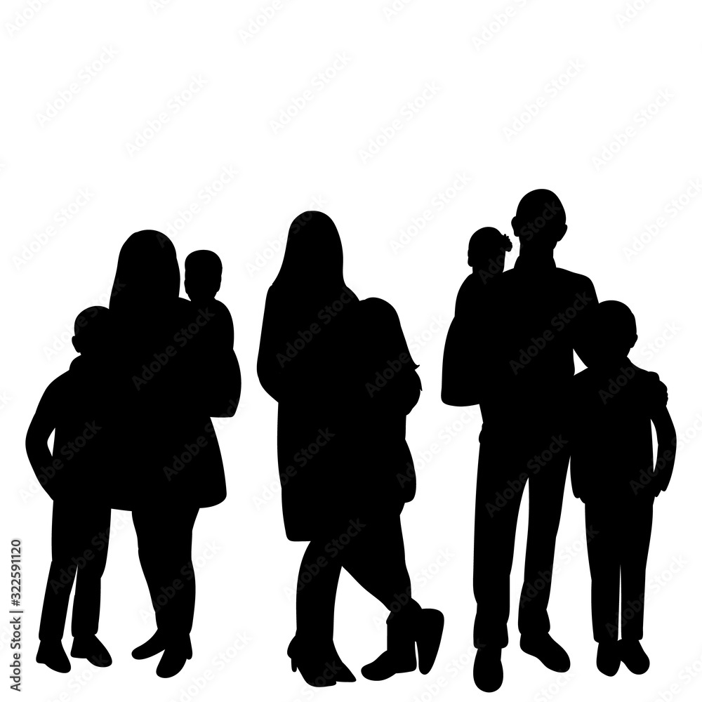  isolated, black silhouette parents and children