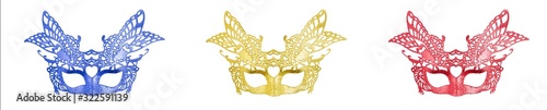 Photos Gold, blue and red carnival masks isolated on white background