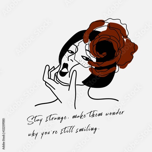 hand writing quote with illustration of black&white woman and red rose. Daily quote for positive, independent, free, positive female. Simple and modern style suitable for wall decor, cards, print. photo