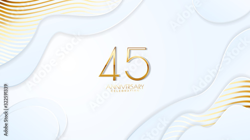 45th anniversary celebration. Golden number with realistic fluid white background. Realistic 3D sign modern elegant can be used for a company or wedding. editable design vector EPS 10.