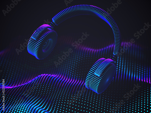 3D headphones on sound wave background. Colorful abstract visualization of digital sound and electronic music listening. Vector illustration of music equalizer and modern digital audio equipment.