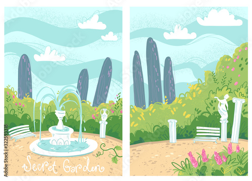 Cosy secret garden with fountain and antique columns, vector illustration