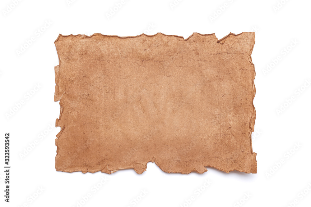 Ancient antique medieval damaged sheet of paper or parchment with ragged crumpled edges with copy space for text isolated on white background. Ancient antique medieval damaged sheet of paper or parchment with ragged crumpled edges with copy space for text isolated on white background.