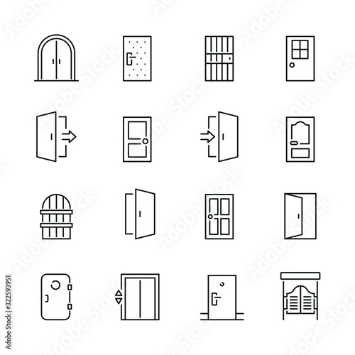Door related icons: thin vector icon set, black and white kit