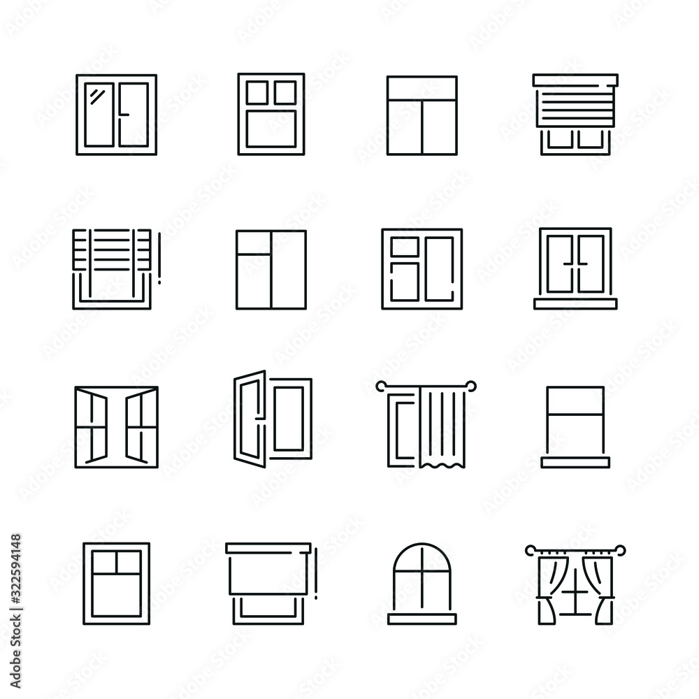 Window related icons: thin vector icon set, black and white kit