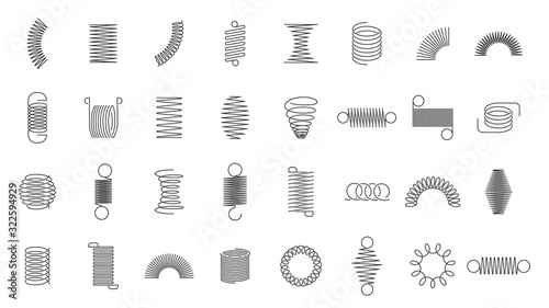 Spring coils. Metal spiral spring, car motor coil swirls silhouette, wire springs, metallic flexible coils and line steel curved spiral isolated vector icons set. black steel helix, suspension symbols photo