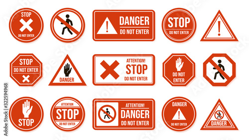 Traffic stop signs. Do not enter, warning traffic road sign. Stop, no admittance, prohibitory character street driving directions vector isolated icons. transportation forbidden, enforcement symbols