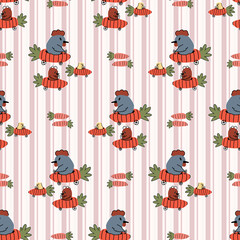 Keuken achterwand Dieren onderweg patronen Hand drawn cute chickens in easter carrot car seamless pattern. Vector vegetable vehicle on gingham background. Root and hen all over print. Spring chick hen and rooster. EPS 10.   © Limolida Studio