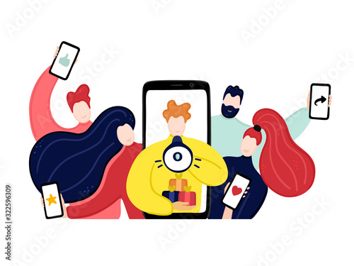 Vector concept of referral program. Network marketing. Refer a friend. Group of people are holding smartphones in their hands and listening to man looking from giant smartphone. Banner, advertising