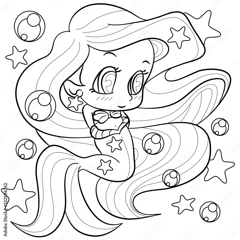 Cute cartoon little mermaid coloring page under water in the sea. Outline  of cartoon girl, mermaid vector illustration, coloring book for kids. Stock  Vector | Adobe Stock