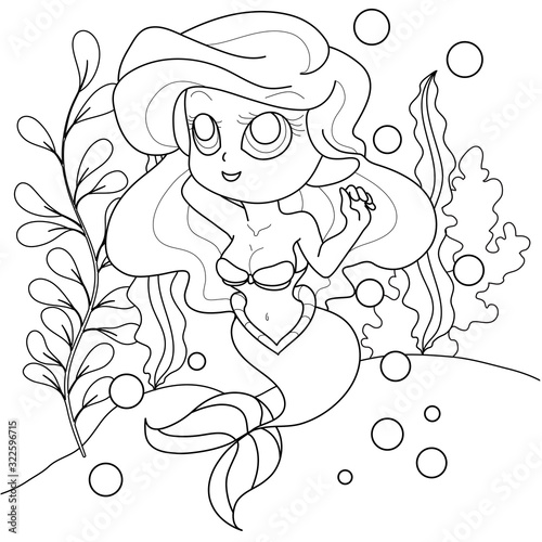 Mermaid vector picture illustration. Coloring page line art of an adorable young fairy tale mythical characters.